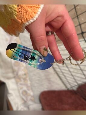 Tropical Flip-Flop Keychain with Palm Tree Silhouette
